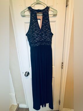 Night Way Collections Navy Lace Halter Maxi Dress